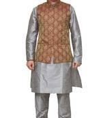 Mag Men's Silver Matching silk Kurta Churidhar With Maroon Waistcoat