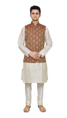 Mag Men's white Matching silk Kurta Churidhar With Maroon Waistcoat 1