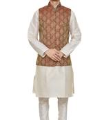 Mag Men's white Matching silk Kurta Churidhar With Maroon Waistcoat