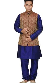 Mag Men's Royal Blue Matching silk Kurta Churidhar With Maroon Waistcoat