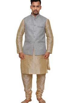 Mag Men's Gold Matching Silk Kurta Churidhar With Gray Joot Waistcoat