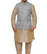 Mag Men's Gold Matching Silk Kurta Churidhar With Gray Joot Waistcoat