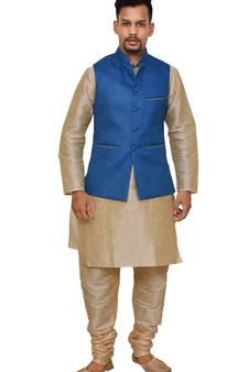 Mag Men's Gold Matching silk Kurta Churidhar With Sky Blue Joot Waistcoat