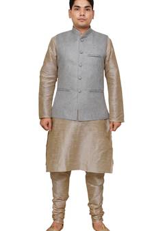 Mag Men's Double Tone Matching silk Kurta Churidhar With Gray Joot Waistcoat