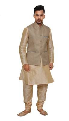 Mag Men's Gold Matching silk Kurta Churidhar With Coffee Colour Joot Waistcoat 1