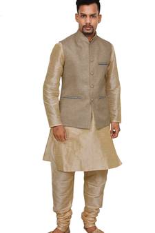 Mag Men's Gold Matching silk Kurta Churidhar With Coffee Colour Joot Waistcoat