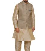 Mag Men's Gold Matching silk Kurta Churidhar With Coffee Colour Joot Waistcoat