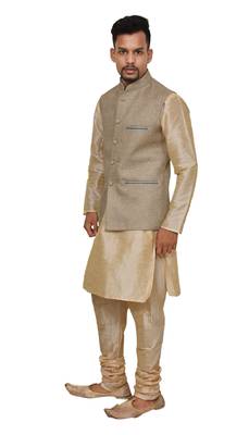 Mag Men's Gold Matching silk Kurta Churidhar With Coffee Colour Joot Waistcoat 2