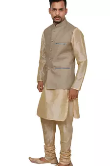 Mag Men's Gold Matching silk Kurta Churidhar With Coffee Colour Joot Waistcoat