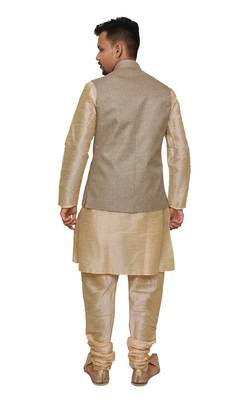 Mag Men's Gold Matching silk Kurta Churidhar With Coffee Colour Joot Waistcoat 3