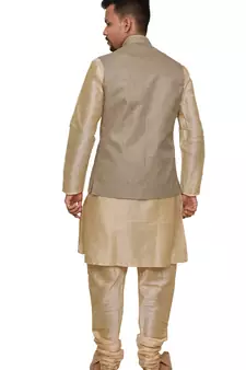Mag Men's Gold Matching silk Kurta Churidhar With Coffee Colour Joot Waistcoat