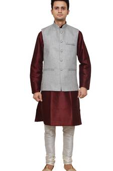 Mag Men's Maroon silk Kurta white Churidhar With Gray Joot Waistcoat