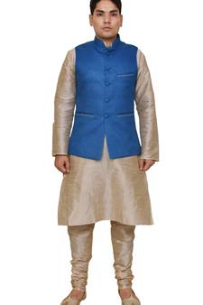 Mag Men's Double Tone Matching silk Kurta Churidhar With Sky Blue Joot Waistcoat