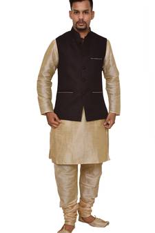 Mag Men's Gold Matching silk Kurta Churidhar With Pink Voilet Joot Waistcoat