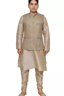 Mag Men's Double Tone Matching silk Kurta Churidhar With  Coffee Colour Joot Waistcoat
