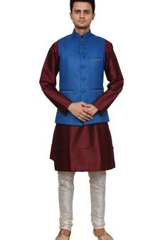 Mag Men's Maroon silk Kurta white Churidhar With Sky Blue Joot Waistcoat