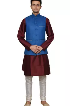 Mag Men's Maroon silk Kurta white Churidhar With Sky Blue Joot Waistcoat