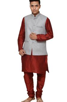Mag Men's Red  Matching silk Kurta Churidhar With Gray Joot Waistcoat