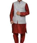 Mag Men's Red  Matching silk Kurta Churidhar With Gray Joot Waistcoat