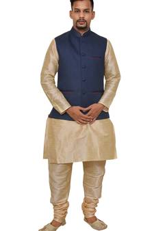 Mag Men's Gold Matching silk Kurta Churidhar With Nevy Blue Joot Waistcoat