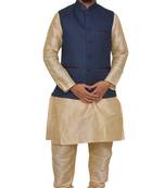 Mag Men's Gold Matching silk Kurta Churidhar With Nevy Blue Joot Waistcoat