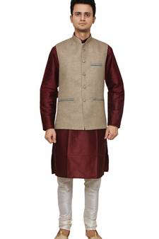 Mag Men's Maroon silk Kurta white Churidhar With  Coffee Colour Joot Waistcoat