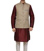 Mag Men's Maroon silk Kurta white Churidhar With  Coffee Colour Joot Waistcoat