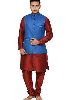 Mag Men's Red Matching silk Kurta Churidhar With Sky Blue Joot Waistcoat