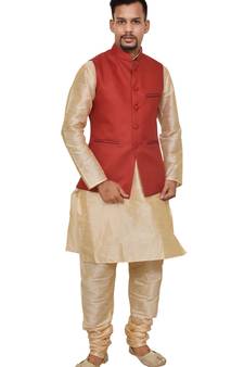 Mag Men's Gold Matching silk Kurta Churidhar With Red Joot Waistcoat