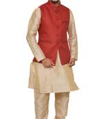 Mag Men's Gold Matching silk Kurta Churidhar With Red Joot Waistcoat
