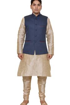 Mag Men's Double Tone Matching silk Kurta Churidhar With Nevy Blue Joot Waistcoat