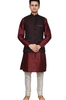 Mag Men's Maroon silk Kurta white Churidhar With Pink Voilet Joot Waistcoat