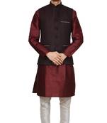 Mag Men's Maroon silk Kurta white Churidhar With Pink Voilet Joot Waistcoat