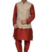 Mag Men's Red Matching silk Kurta Churidhar With Coffee Colour Joot Waistcoat