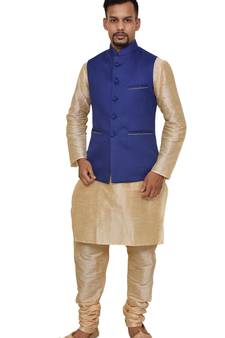 Mag Men's Gold Matching silk Kurta Churidhar With Royal Blue Joot Waistcoat