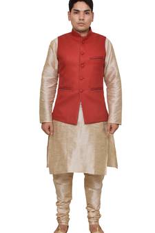 Mag Men's Double Tone Matching silk Kurta Churidhar With Red Joot Waistcoat