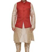 Mag Men's Double Tone Matching silk Kurta Churidhar With Red Joot Waistcoat