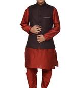 Mag Men's Red Matching silk Kurta Churidhar With Pink Voilet Joot Waistcoat