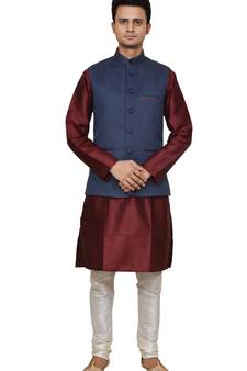 Mag Men's Maroon silk Kurta white Churidhar With Nevy Blue Joot Waistcoat