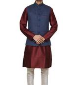 Mag Men's Maroon silk Kurta white Churidhar With Nevy Blue Joot Waistcoat