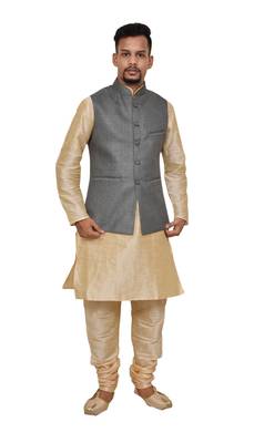 Mag Men's Gold Matching silk Kurta Churidhar With Gray 1st Joot Waistcoat 1