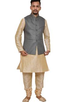 Mag Men's Gold Matching silk Kurta Churidhar With Gray 1st Joot Waistcoat