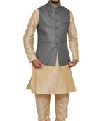 Mag Men's Gold Matching silk Kurta Churidhar With Gray 1st Joot Waistcoat