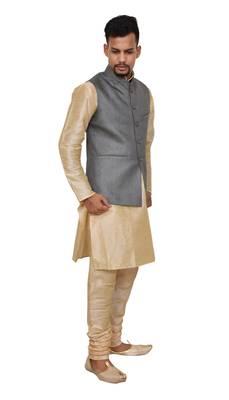 Mag Men's Gold Matching silk Kurta Churidhar With Gray 1st Joot Waistcoat 2
