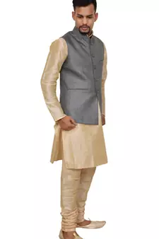 Mag Men's Gold Matching silk Kurta Churidhar With Gray 1st Joot Waistcoat