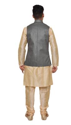 Mag Men's Gold Matching silk Kurta Churidhar With Gray 1st Joot Waistcoat 3