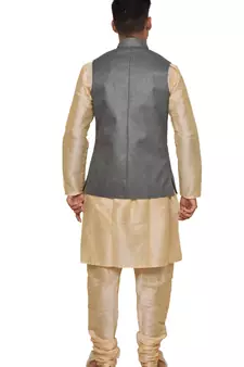 Mag Men's Gold Matching silk Kurta Churidhar With Gray 1st Joot Waistcoat