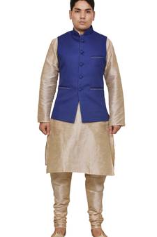 Mag Men's Double Tone Matching silk Kurta Churidhar With Royal Blue Joot Waistcoat