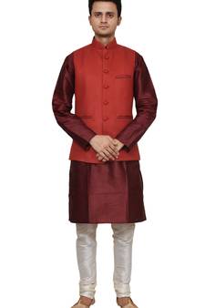 Mag Men's Maroon silk Kurta white Churidhar With Red Joot Waistcoat