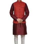 Mag Men's Maroon silk Kurta white Churidhar With Red Joot Waistcoat